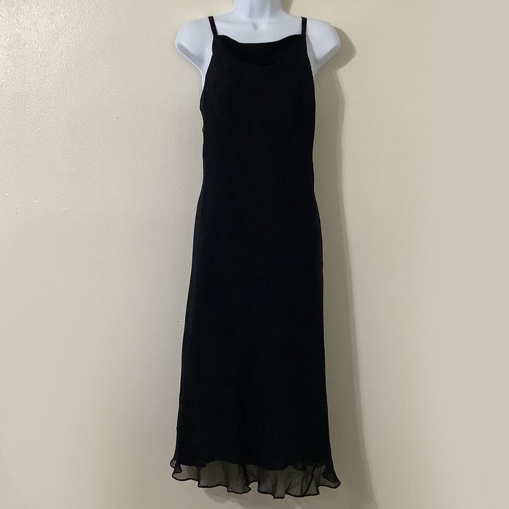 Vintage Y2K Black Silk Dark Fairy Romantic Witchy Ruffle‎ Midi Dress Size 2